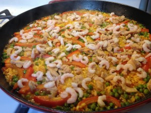 Mixed Paella Foodservice Recipe using Cook's Delight® Chicken or Seafood Soup Base in Paella Pan