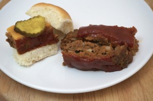 Meatloaf Slice and Meatloaf Sandwich with cheese and pickle Foodservice Recipe on a plate